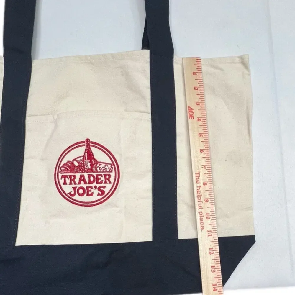Trader Joe's Large Cotton Canvas Tote Navy Reusable Market Bag Pockets NWT